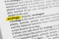 Highlighted English word & x22;ecology& x22; and its definition at the dictionary Royalty Free Stock Photo