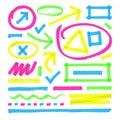 Highlighter vector marks. Color marker stripes, strokes and arrows