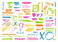 Highlighter vector marks, highlighting pen different lines and symbols. Permanent marker for text select, isolated doodle strokes