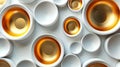Highlighting abstract seamless pattern with golden circles and white ceramic rings Royalty Free Stock Photo