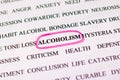Highlighting the word alcoholism in in english word set with a pink marker. The problem of alcohol dependence, for