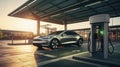 Highlights electric vehicle charging infrastructure, featuring charging stations and electric vehicles in action. Generative AI