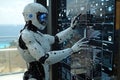 Advanced humanoid robot interacting with digital interface in a modern workspace