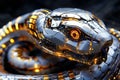 A highly advanced robotic snake gazes forward showcasing its intricate metallic scales and advanced sensors. This unique