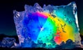 A highly coloured image of rainbow colours shown in a freezing iceberg landscape