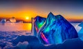 A highly coloured image of rainbow colours shown in a freezing iceberg landscape