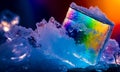 A highly coloured image of rainbow colours shown in a freezing iceberg landscape