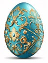 Highly decorated turquoise easter egg with gold flowers pattern Royalty Free Stock Photo