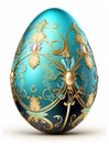 Highly decorated turquoise easter egg with gold flowers pattern Royalty Free Stock Photo