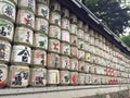 Rows of Japanese sake barrels in the Royalty Free Stock Photo