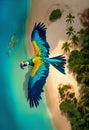 highly defined detailed Macaw flying over a tropical beach generative AI Royalty Free Stock Photo