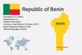 Highly detailed Benin map with flag, capital and small map of the world