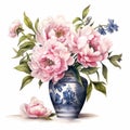 Highly Detailed Chinese Peonies In Vase Watercolor Clipart Royalty Free Stock Photo