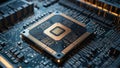 A highly detailed close-up of a quantum computer processor, with glowing particles. Artificial intelligence.