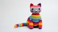 Highly Detailed Crocheted Rainbow Cat On White Background