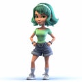 Highly Detailed 3d Cartoon Girl With Green Hair In Short Shorts