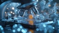 Highly detailed 3D image of a biological microscope with zoomed view. Generative AI Illustration.