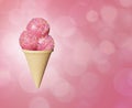 Highly detailed delicious balls strawberry ice cream in a waffle cone Abstract colored background. Bokeh bubbles Royalty Free Stock Photo