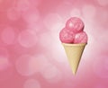 Highly detailed delicious balls strawberry ice cream in a waffle cone Abstract colored background. Bokeh bubbles Royalty Free Stock Photo