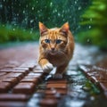 a highly detailed depiction of a cat gracefully strolls down a rainy street