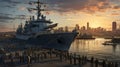 A Navy warship anchored in a harbor, with sailors lining the deck