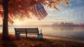 A peaceful lakeside park with a solitary bench and an American flag