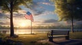A peaceful lakeside park with a solitary bench and an American flag