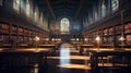 A university library reading room with rows of study desks bookshelves