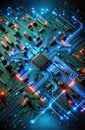 Highly Detailed Electronic Circuit Board with Various Components and Luminous Connections Royalty Free Stock Photo