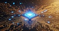 Futuristic Microchip Circuit Board with Glowing Blue Processor Royalty Free Stock Photo
