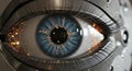 A highly detailed, futuristic robot eye is depicted, featuring a blue iris with intricat