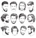 Highly detailed, hand drawn menÃ¢â¬â¢s hairstyles, beards and mustaches vector set. Royalty Free Stock Photo