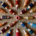 close-up of sharpened colored pencils in artistic arrangement