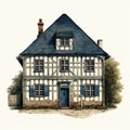 Highly Detailed Illustration Of An Old House With Blue Shutters