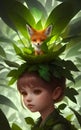 Close up portrait of cute girl with fox on her head, tropical forest, Highly Detailed Illustration