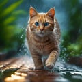 highly detailed detailed image of a cat waking down rainy street