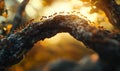 A highly detailed macro photograph of a team of ants working together to construct a bridge using their bodies.