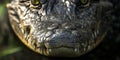 Ultra-close macro shot of a crocodile's head with detailed textures and sharp focus on its eyes and scales