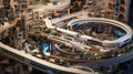 A highly detailed miniature model of a futuristic, sustainable cityscape with an underground network of hyperloop trains