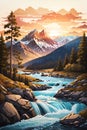 Illustration of river stream with sunset Royalty Free Stock Photo