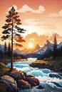 Illustration of river streamwith sunset Royalty Free Stock Photo