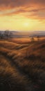 Highly Detailed Oil Painting Of Grassland At Golden Sunrise In Billie Eilish Style