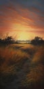 Highly Detailed Oil Painting Of Grassland At Golden Sunrise In Billie Eilish Style