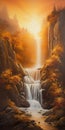 Highly Detailed Oil Painting Of Waterfall At Golden Sunrise In Ariana Grande Style