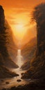 Highly Detailed Oil Painting Of Waterfall At Golden Sunrise In Ariana Grande Style