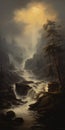 Highly Detailed Painting Of Foggy Mountains And Waterfall In The Style Of Thomas Wrede And Win Aaltonen