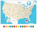 Highly detailed road map of United States and colorful map point