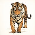 Highly Detailed Tiger Walking: A Stunning Woodblock Print Illustration