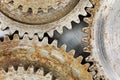 Highly detailed view of metal rusty cogwheels on industrial back