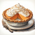 Highly Detailed Watercolor Illustration Of Pumpkin Chiffon Pie With Ginger Snap Crust